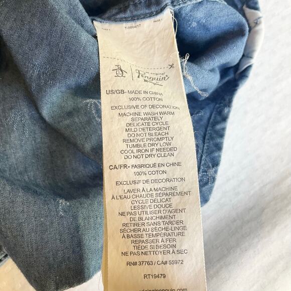 Penguin Men Button Down Shirt Size S Shortsleeve Coconut Print Denim Classic Fit - Picture 7 of 8